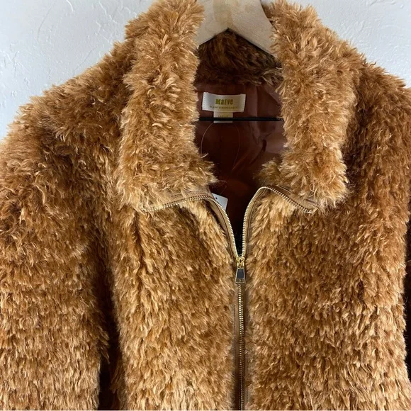Anthropologie Maeve Teddy Zip-Up Coat Faux Fur Cropped Honey Brown NWT$170 2X